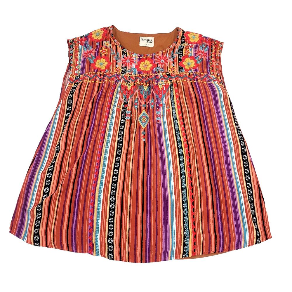 Savannah Jane Embroidered Floral Tunic Mini Dress 1X Striped Boho colorful